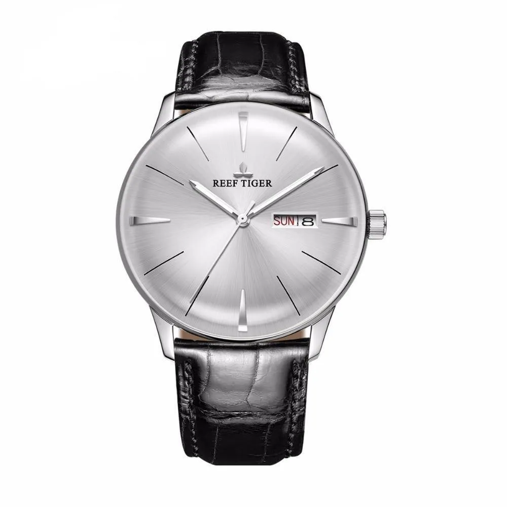 Reef Tiger/RT Classic Casual Watches Convex Lens Genuine Leather Strap Steel Automatic Watches with Date Day RGA8238
