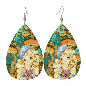 Retro Big Eyed Girl Earrings, 70s Flower Power Hippie Jewelry, Mod Teardrop Dangles