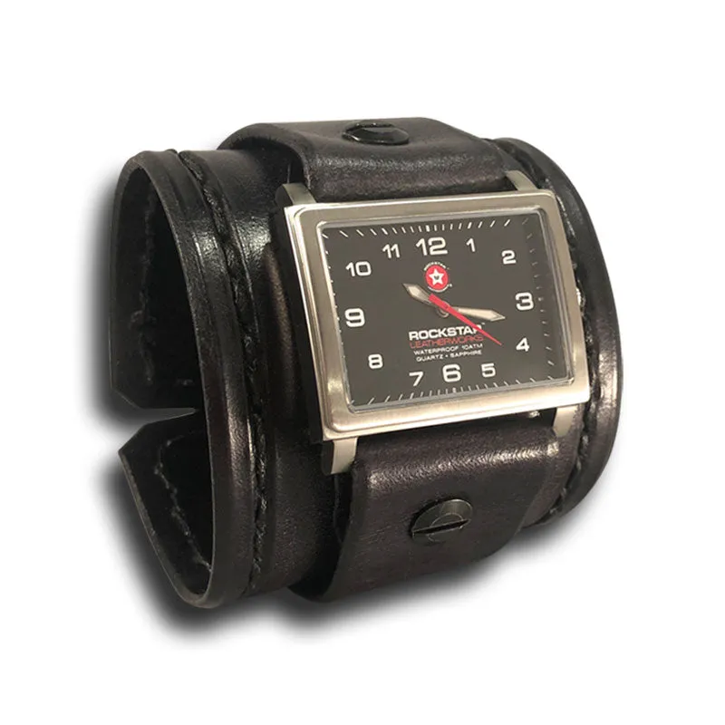 Slate Stressed Leather Cuff Watch with Black Buckle