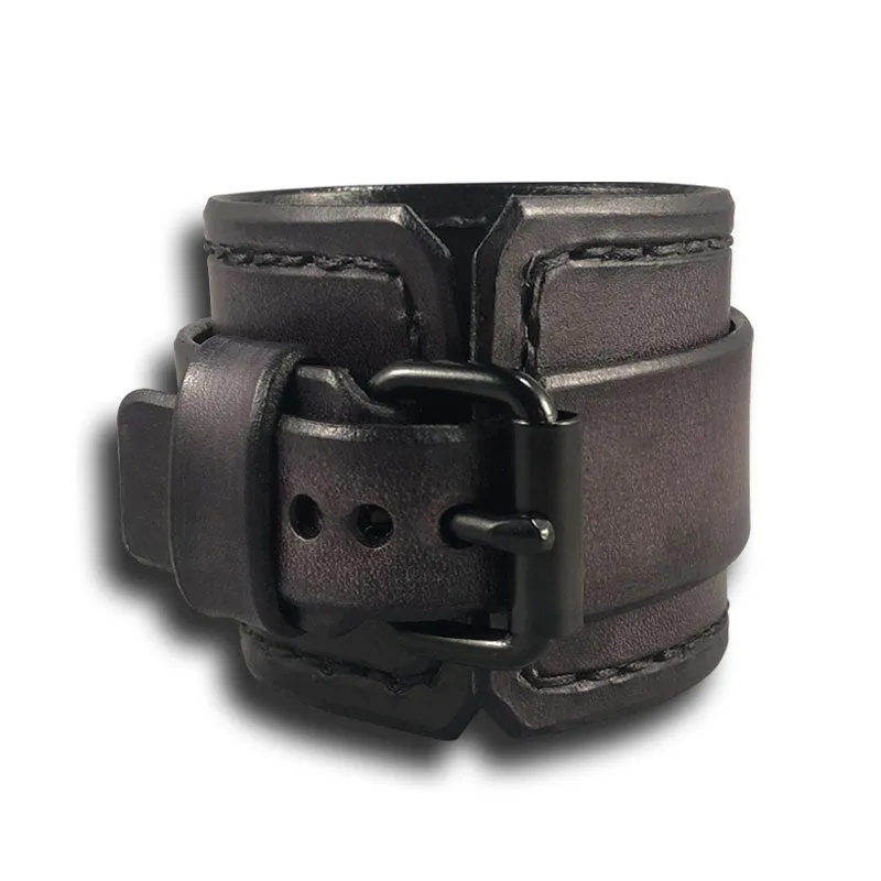 Slate Stressed Leather Cuff Watch with Black Buckle