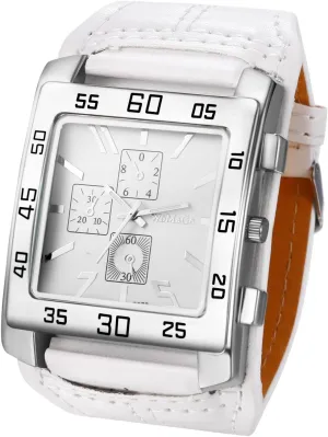 Square Leather Punk Watch: Men White Vintage Analog Quartz Rectangular Big Face Rock Motorcycle Wrist Watches