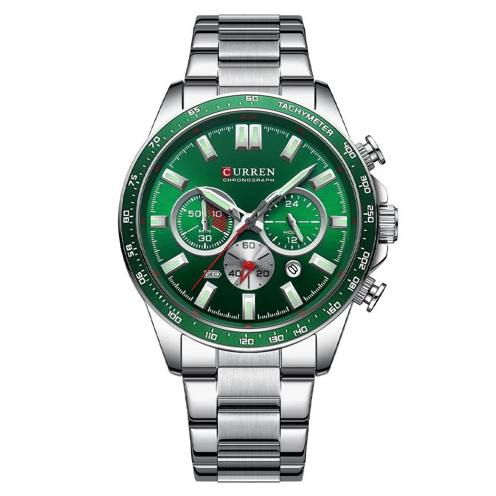 Stainless Steel Watch With Luminous Pointer & Calendar