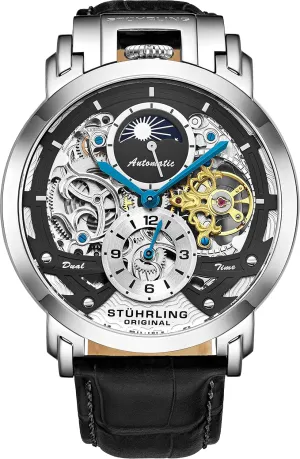 Stuhrling Orignal Mens Watch Automatic Watch Skeleton Watches for Men - Leather Luxury Dress Watch - Mechanical Watch Stainless Steel Case Self Winding Analog Watch for Men