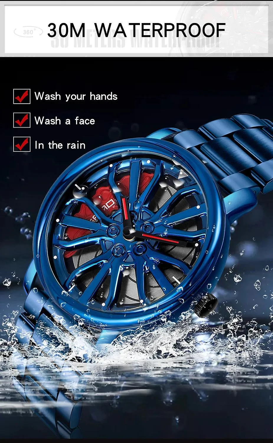 Watches wrist watches creative car wheel steel strap waterproof military sports clock blue