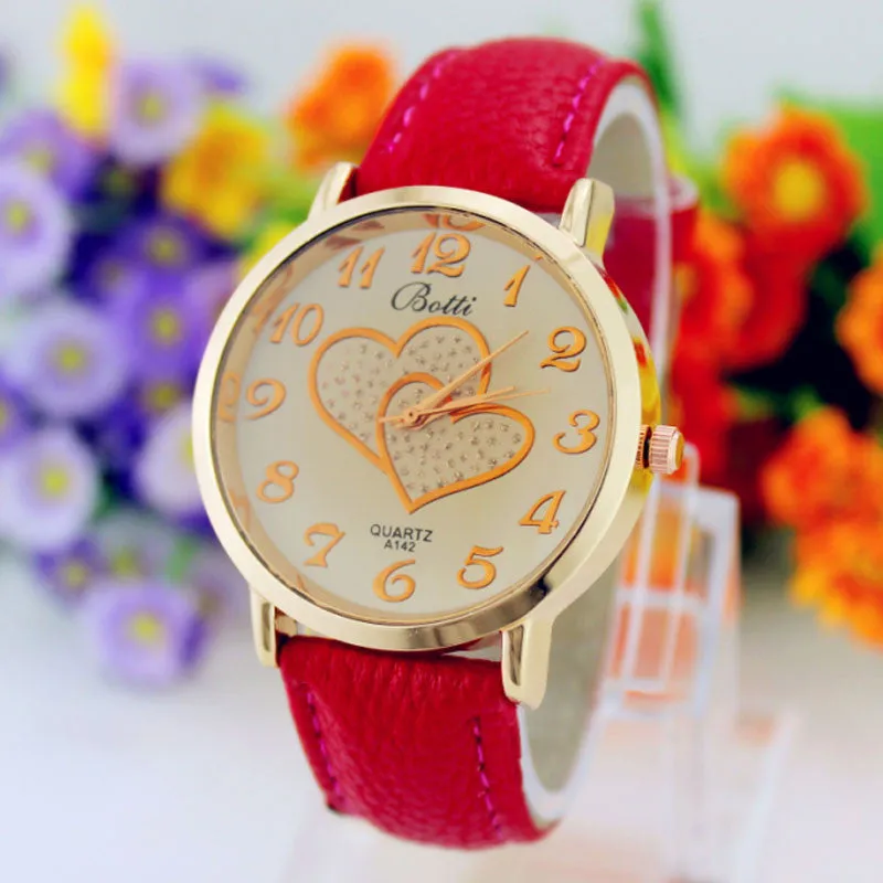Women Numerals Faux Leather Band Analog Quartz Wrist Watch New Romantic Double Heart Fashion Watches