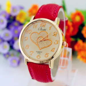 Women Numerals Faux Leather Band Analog Quartz Wrist Watch New Romantic Double Heart Fashion Watches