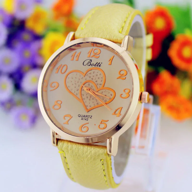 Women Numerals Faux Leather Band Analog Quartz Wrist Watch New Romantic Double Heart Fashion Watches